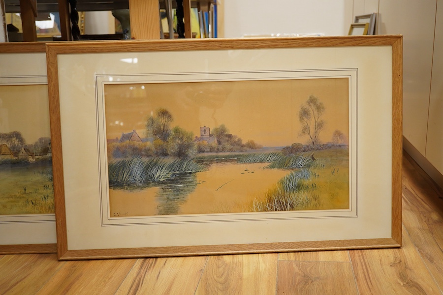 J. Stuart, pair of watercolours, Riverscapes, signed, 30 x 55cm. Condition - fair